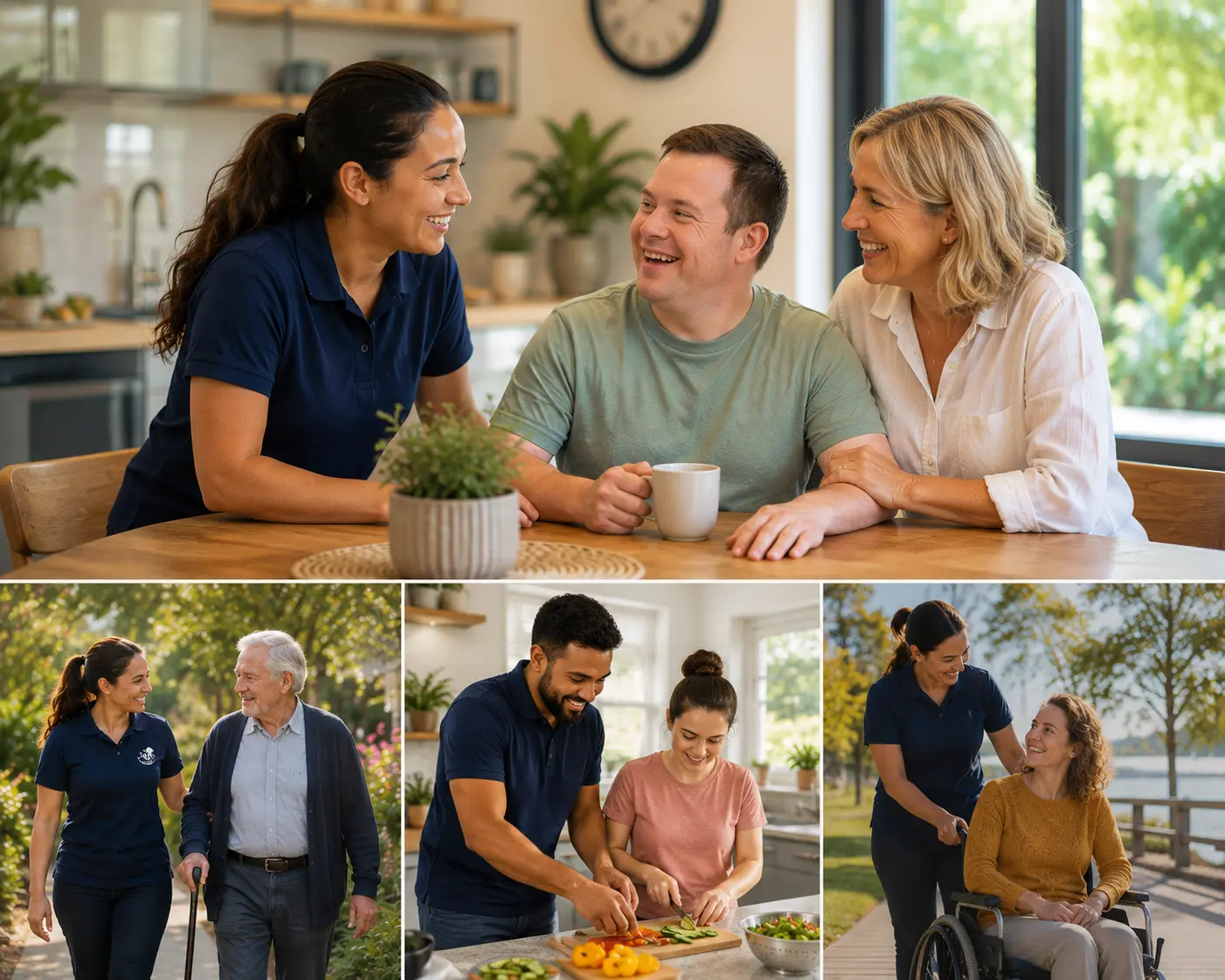 Goodday Care support workers in branded navy polos helping people in everyday moments — chatting over a cuppa, walking outdoors, preparing food together, and out by the water with a woman using a wheelchair.