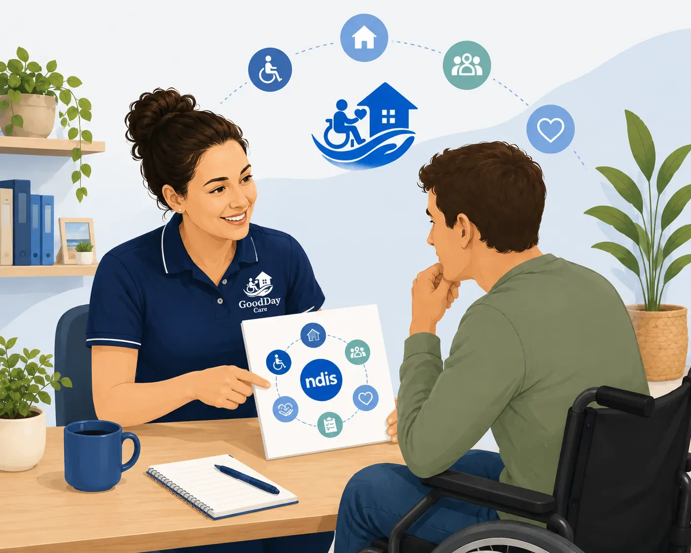A Goodday Care support worker chatting with a participant and family member in a warm, welcoming home environment.
