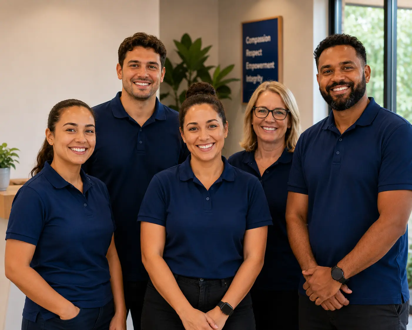 Members of the Goodday Care team in branded navy polo shirts, smiling together in their office.